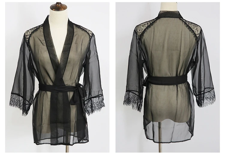 Female New Products Embroidered French Triangle Cup Lace Cardigan Perspective Nightgown Set+ Bra Set 3 Piece Set
