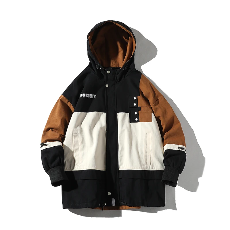 

2019 Autumn Winter New Style Color Patchwork Street Stylish Clothing Men's Hooded Jackets Casual Pockets Loose Printed Outerwear