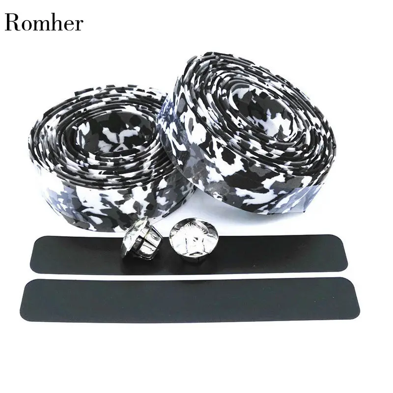 Romher Road Bike Bicycle Handlebar Tape Camouflagebelt Cycling Handle Belt Cork Wrap with Bar Plugs Non Slip Absorb Sweat HC0105