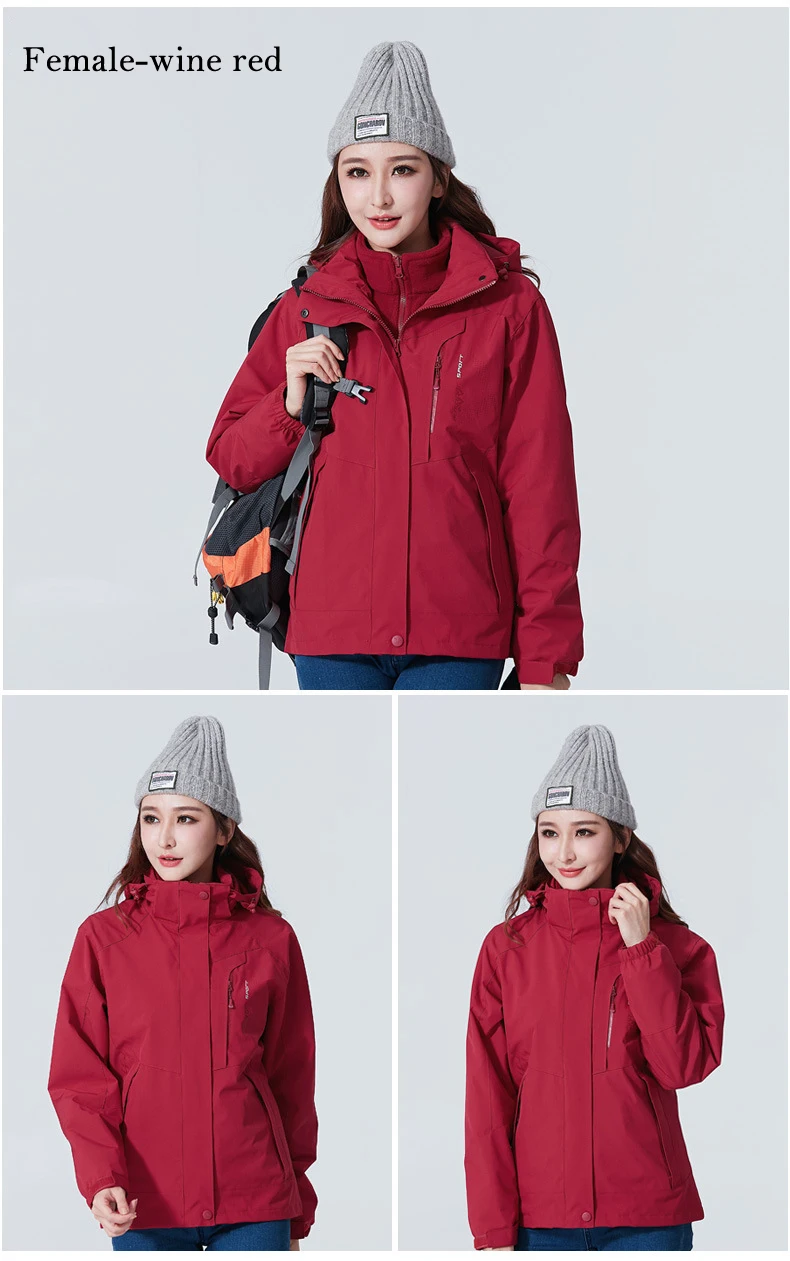 Women- Wine red 3 In 1 Outdoor Hiking Jacket Women Men Camping Tourism Trekking Climbing Waterproof Outdoor Jackets Female Spring Sports Jackets - Цвет: Women- Wine red