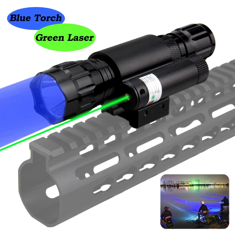 

501B Q5 Blue Rifle Weapon Light Airsoft Linterna Hunting Scout Flashlight+20mm Rail Mount Green Laser Pen Dot+18650+CR2+Charger