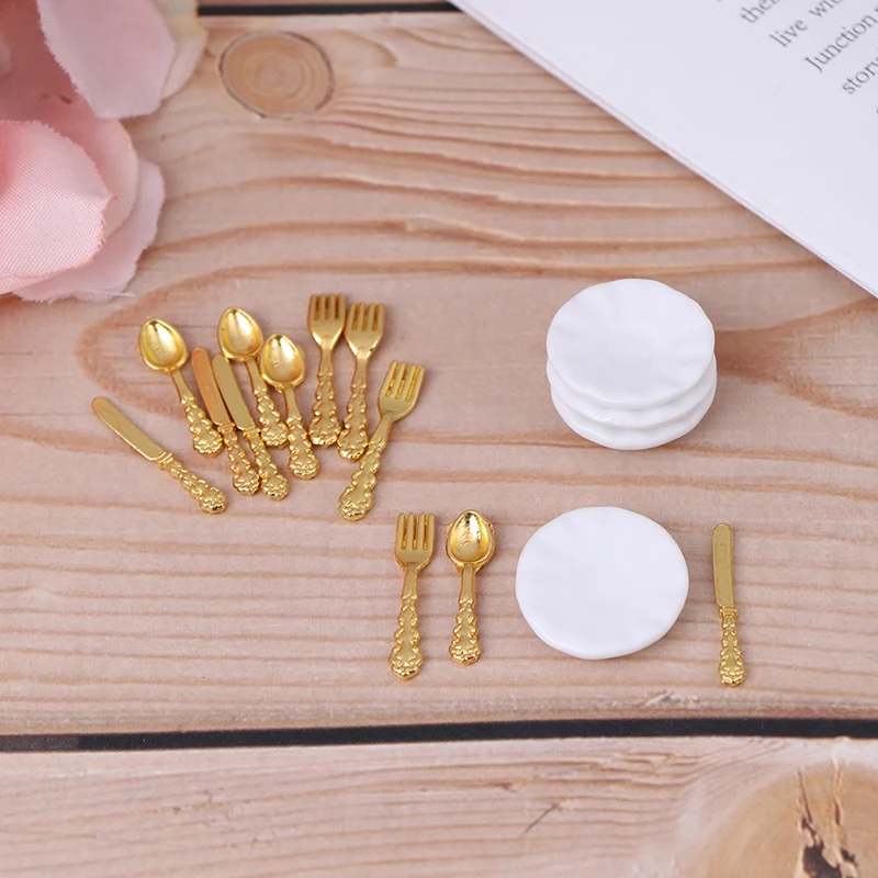 12PCS 1:12 Ceramic Plate Knife Fork Spoon Tableware Simulation Kitchen Food Furniture Toys Dollhouse Miniature Accessories