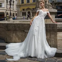 Свадебные платья с открытыми плечами ТРАПЕЦИЕВИДНОЕ милое кружевное платье с аппликацией на шнуровке Свадебные платья на прокат Vestido de noiva