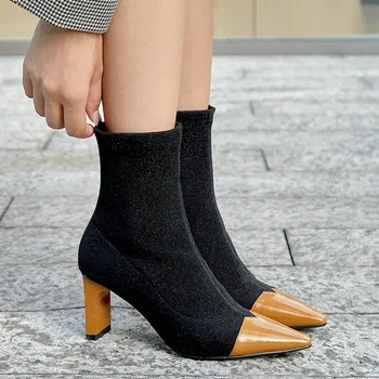 

EshtonShero New Women boots pointed toe Sock shoes autumn winter boots short ladies bling Western ankle boots for women Size 3-8