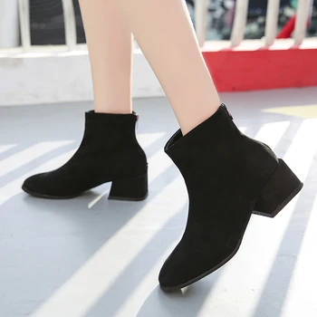 

Warm Plush Ankle Boots Women Boots Female Solid Black Flock Block Heels Winter Boots Zipper Sexy Ladies Shoes Woman Plus Size