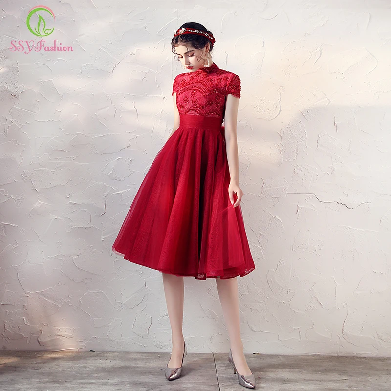 

SSYFashion New Bride Banquet Elegant Cocktail Dress Burgundy High-neck Lace Sequins Beading Formal Gown Special Occasion Dresses