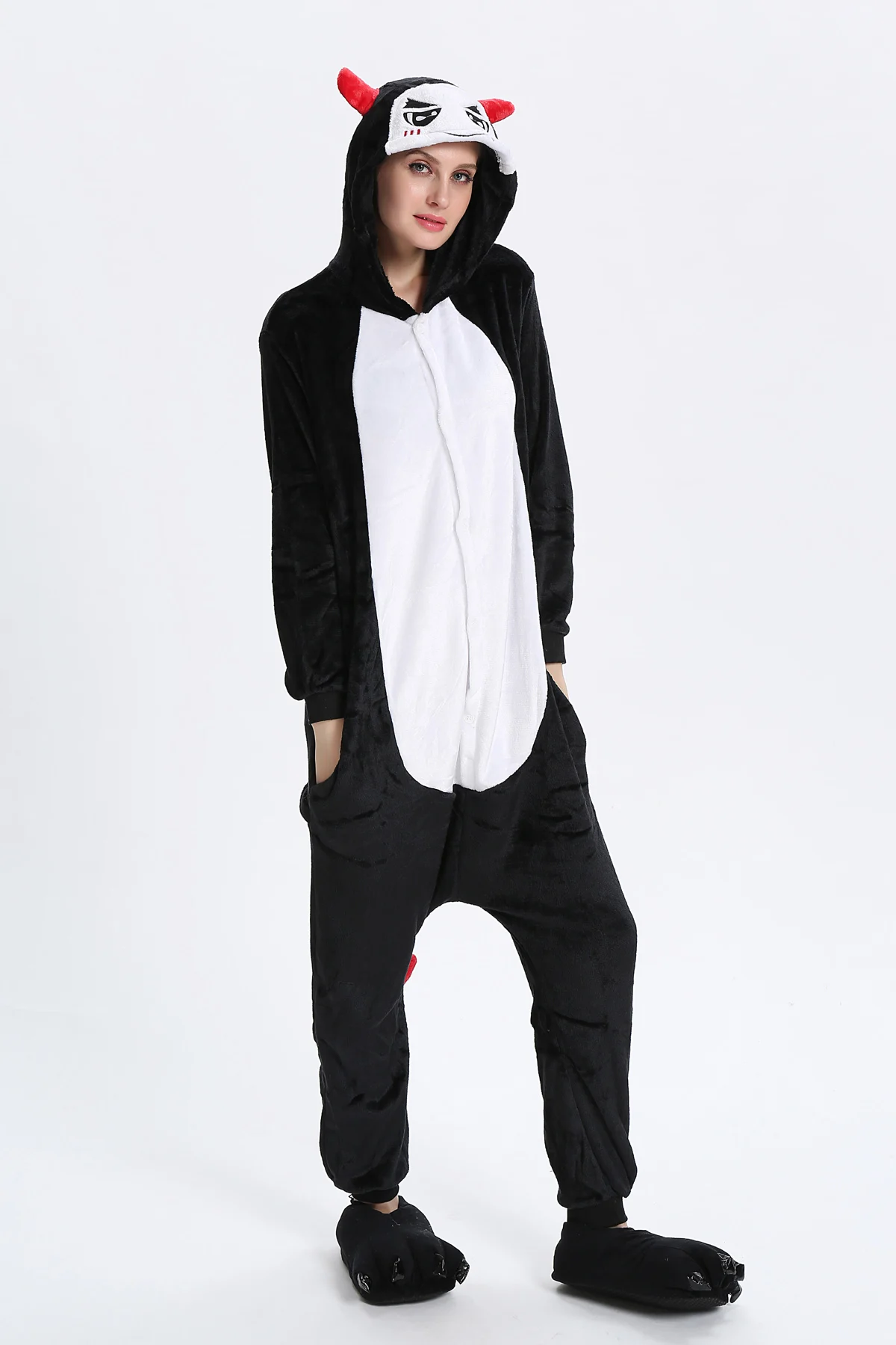 Kigurumi Lemur Пижама животные мультфильм женщины Onesie Взрослый мультфильм мадагаскар Забавный костюм карнавальный серый длинный хвост Lemur комбинезон - Цвет: devil