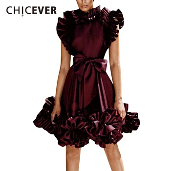 

CHICEVER Bowknot Ruffle Women's Dress O Neck Sleeveless High Waist Lace Up Dresses Female 2020 Autumn Fashion New