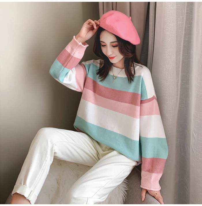 Женский вязаный свитер радуги Цвет TIGENA, полосатый пуловер с длинным рукавом, джемпер для женщин на осень-зиму