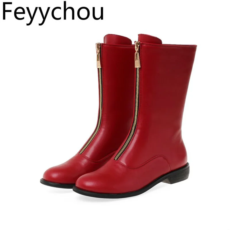 

Women Boots Low Heeled Round Toe Zip Mid-Calf Autumn Winter Pu Chelsea Boots 2019 New Sexy Fashion Black Beige Big Size 34-46