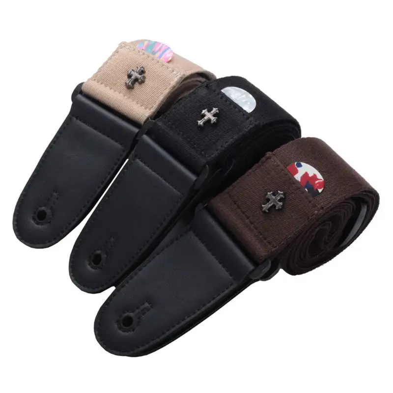 Vintage Cross Electric Guitar Strap Acoustic Folk Guitarra Belt with Pick Pocket Q6PB