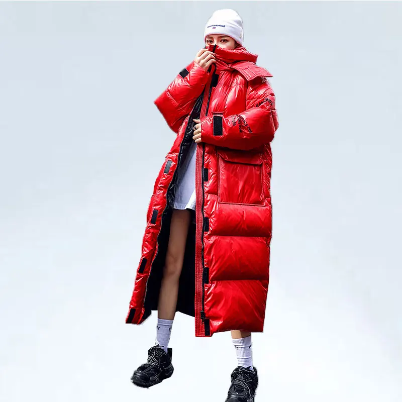 Зимнее пальто большого размера, Женская длинная парка, мода, глянцевая парка с хлопковой подкладкой, теплое красное пальто, свободная пуховая куртка с капюшоном для девушек