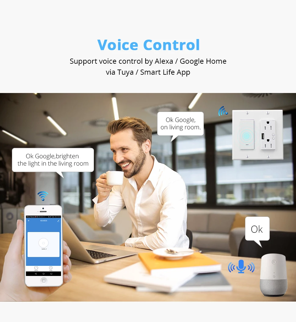 WiFi Light Switch with USB Port Outlet US 2 gangs Tuya Control Alexa ...