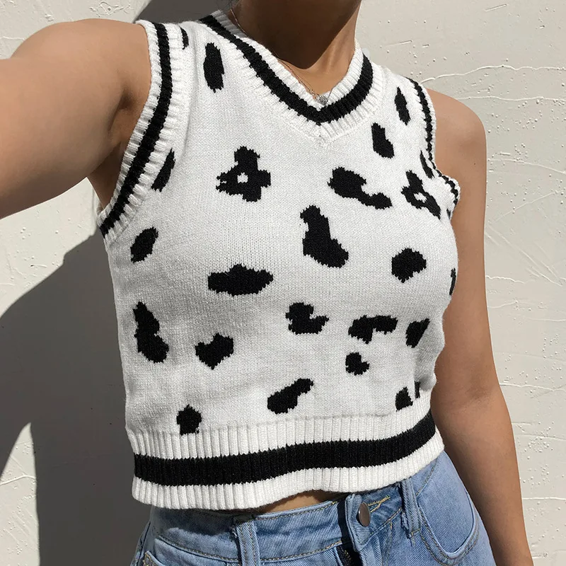 

Knitted Sweater Vest Y2K Aesthetics Cow Parttern E-girl Vintage Sleeveless Pullovers Autumn Casual Knitwear Women Clothing