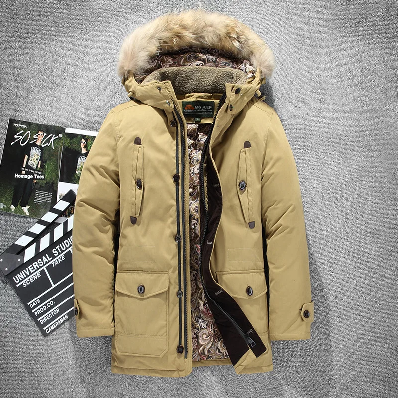 QUANBO Новая зимняя мужская длинная куртка на утином пуху модная теплая куртка с меховым воротником морозостойкий водонепроницаемый жакет