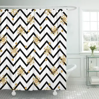 

Christmas Gold Snowflake Snowflakes on Black and White Zig Shower Curtain Waterproof Polyester Fabric 60 x 72 inches Set with Ho