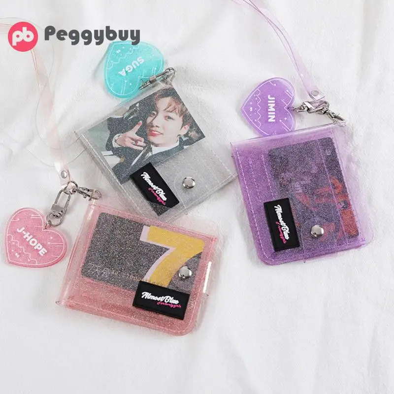 

Bling Transparent ID Card Holder Wallets PVC Folding Lanyard Short Wallet Purse Mini Money Wallet Card Holder Dropshipping