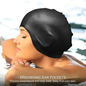 성인 남녀공용 고탄성 수영 모자, 방수 수영장 모자, 귀 보호, 긴 머리, 대형 실리콘 다이빙 모자