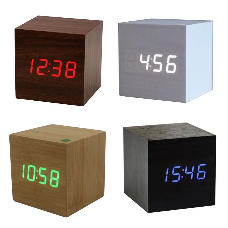 Wooden Led Alarm Clock Electronic Digital Display Time Mute Cube Clocks for Home Bedroom Dormitory Waking Up Wood | Дом и сад