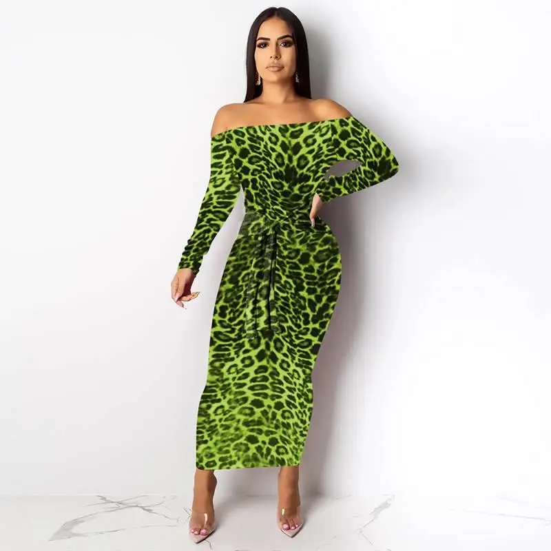 

Leopard Sexy Maxi Bodycon Dress Women Slash Neck Belt Party Club Bandage Dress Plus Size Long Sleeve Neon Wrap Dress