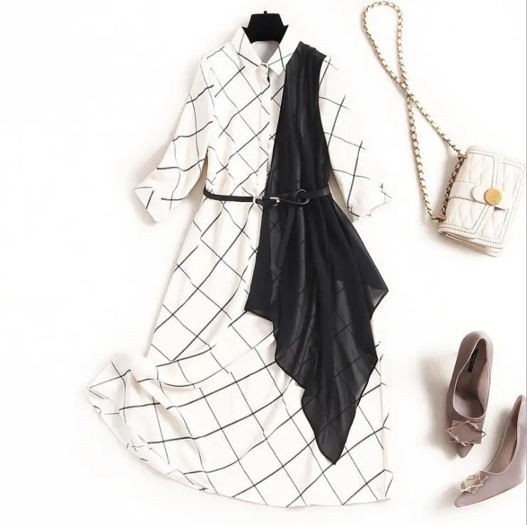 

New European and American women's dresses for spring 2020 Five-point lapels Plaid patchwork silk scarves Fashionable dress