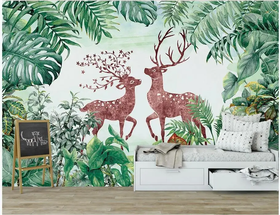 

WDBH 3d wallpaper custom photo Green plants couple fire elk children's room home decor 3d wall murals wallpaper for walls 3 d