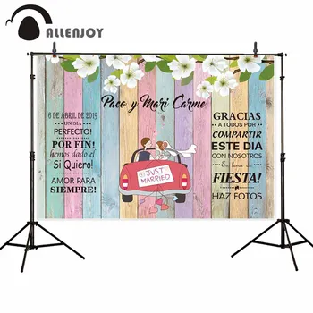 

Allenjoy Wedding Backdrops Colorful Wooden Floor Car Flowers Heart Phrase Photographic Background Romantic Engagement Photophone