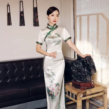 

Sexy Womens Ankle-Length Evening Cheongsam Chinese style Long Dress Spring Short Sleeve Qipao Slim Party Dresses Button Vestido