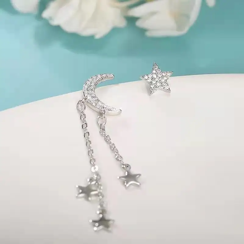 Asymmetrical Earrings 925 Sterling Silver Star Moon Tassel
