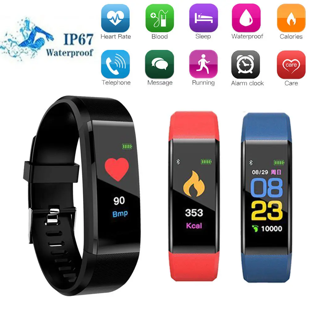 

New 115 Plus Waterproof Smart Bracelet Watch Men Women Heart Rate Monitor Blood Pressure Fitness Tracker Smart Watch Sport Watch