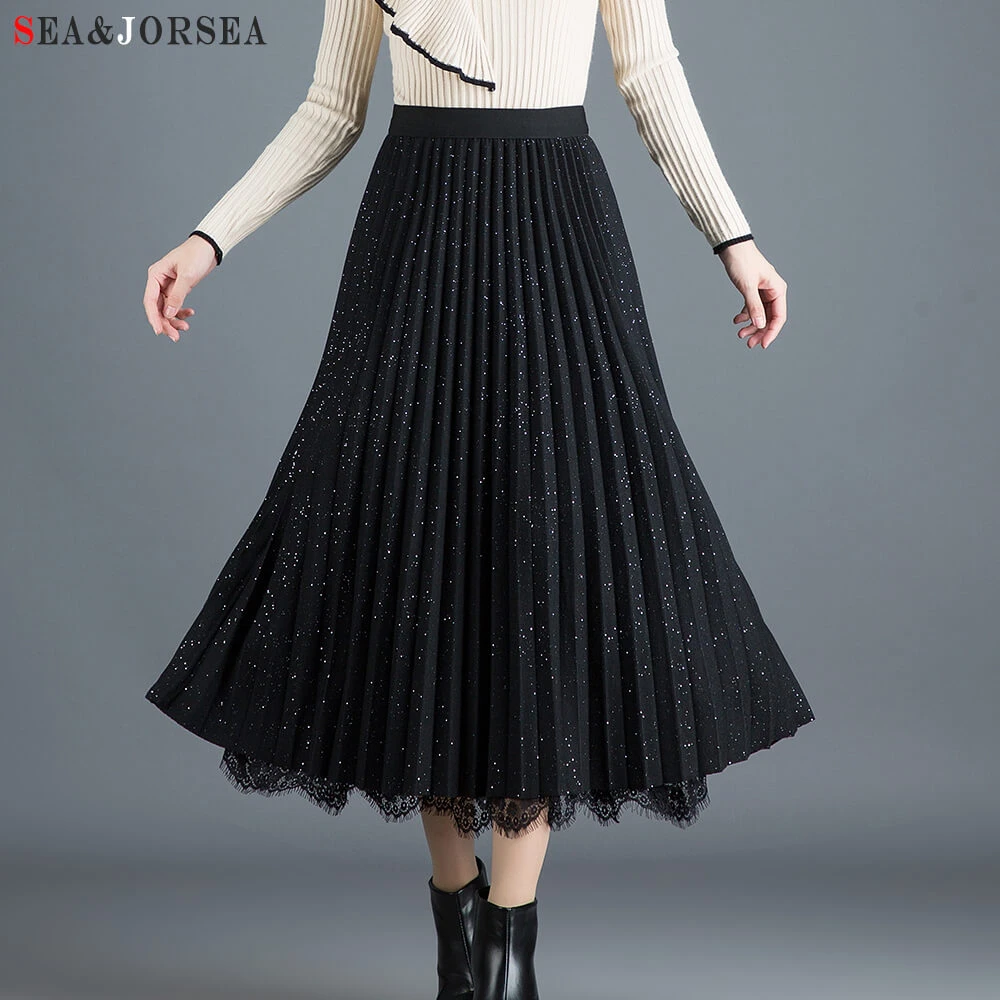 Jorsea Women Ruffle Sequin Skirt Long Befree Ladies High Waist Black Lace Maxi Pleated Skirts