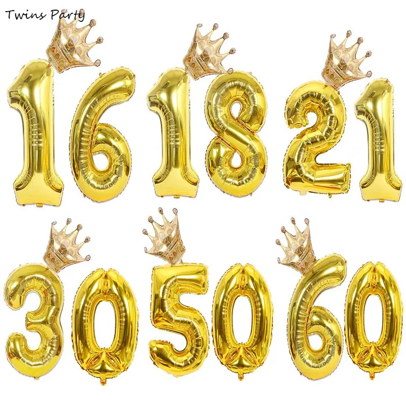 

Twins Party 16 18 21 30 40 Years Old Gold Silver Rose Gold Number Balloons Crown Number Balloons Anniversary Decoration Supplies