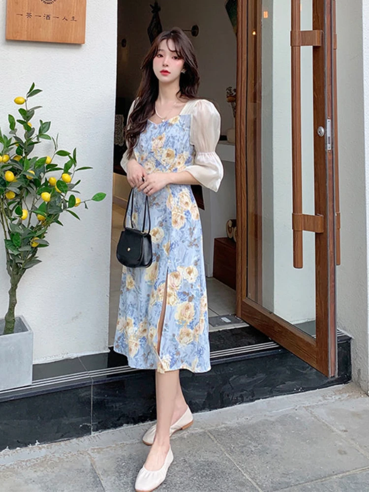 Dresses Women Spliced Romantic Printed Korean Style Elegant Empire Side-slit Feminine Trendy Vestdios Sweet Female Puff Sleeve zara dresses Dresses