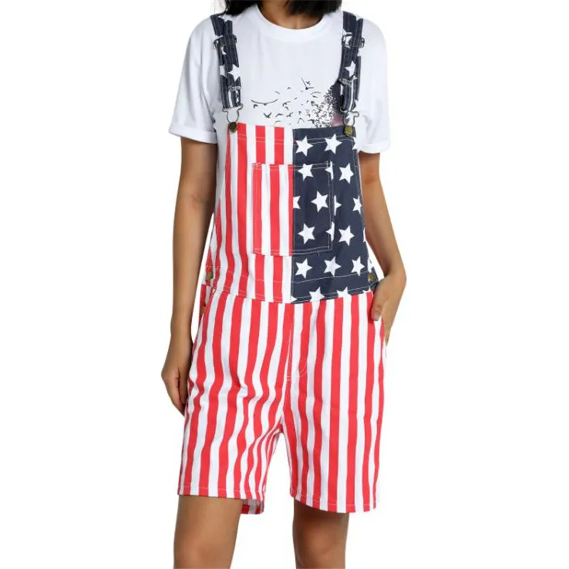 American Flag Overalls Denim Bib Shorts For Men Women Adjustable Strap Jean Shorts Rompers Short Jumpsuit With Pocket American Independence Day