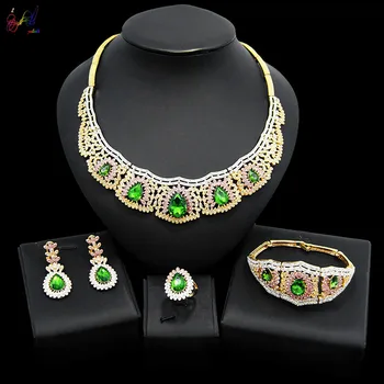 

Yulaili New African Nigeria Wedding Bridal Green Opal Tri-color Necklace Earrings Bracelet Ring for Women Dubai Gold Jewelry Set