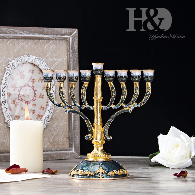 H&D ручная роспись Эмаль Цветочный Hanukkah Menorah подсвечник 9 веток канделябры украшенные кристаллами Звезда Давида Хамса