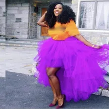 Трендовая фиолетовая Высокая Низкая женская блуза с послойным расположением ткани, оборочками и v-образным вырезом Длинные тюлевые женские юбки плюс размер эластичная юбка-пачка подружки невесты