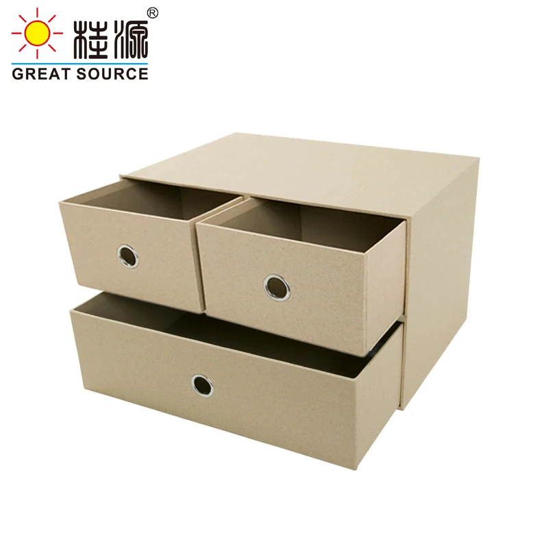 MQQ 2 Layers Cabinet Cardboard Offic Desk Top Orgainzer Home Storage 3 Drawers CabinetBeige Faux Linen Natrual Wood Paper (2PCS)
