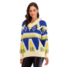 Regular Loose Women's Casual Sweater Pullover New Winter Knitted Base Sweater Fashion Printed V Neck Long Sleeves Loose Sweater