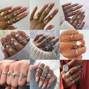

15 Style Bohemia Vintage Gold Silver Rings Sets Shell Hollow Heart Carving Flowers Animal Geometric Crown For Men Women