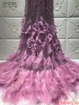 

Anna pink african feather lace fabric embroidered with sequins and stones 5 yards/piece nigerian tulle laces fabrics for sewing