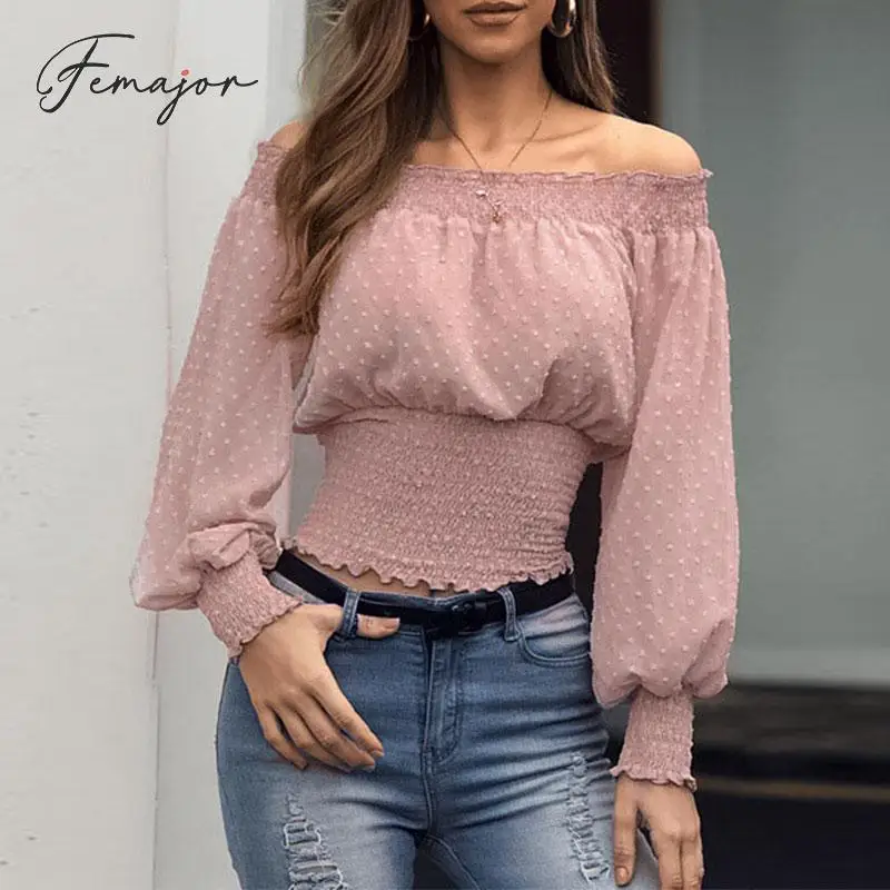

Femajor Fashion Off Shoulder Tops Women Fall 2019 Polka Dot Tops and Blouse Female Long Sleeve Chiffon Tops Shirt Plus Size