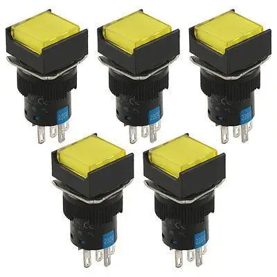 

5 Pcs Yellow Lamp Latching 1NO 1NC Square Panel Push Button Switch AC 220V
