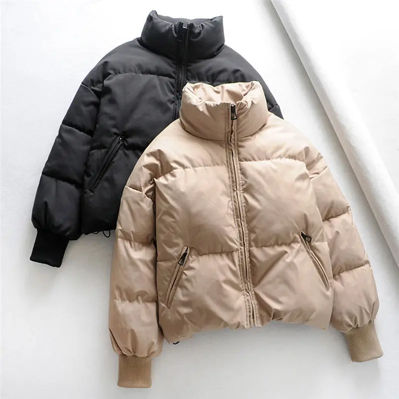 Chaqueta de invierno lisa con cuello levantado para mujer, Parkas elegantes de gran tamaño con bolsillos Cremallera gruesa estilo pijo