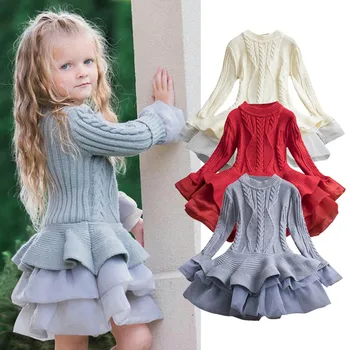 

2019 Winter Kids Thick Warm Dress For Girl Christmas Wedding Party Dress Chiffon Knit Long Sleeve Tutu Baby Girl Clothes 3 6 8 Y