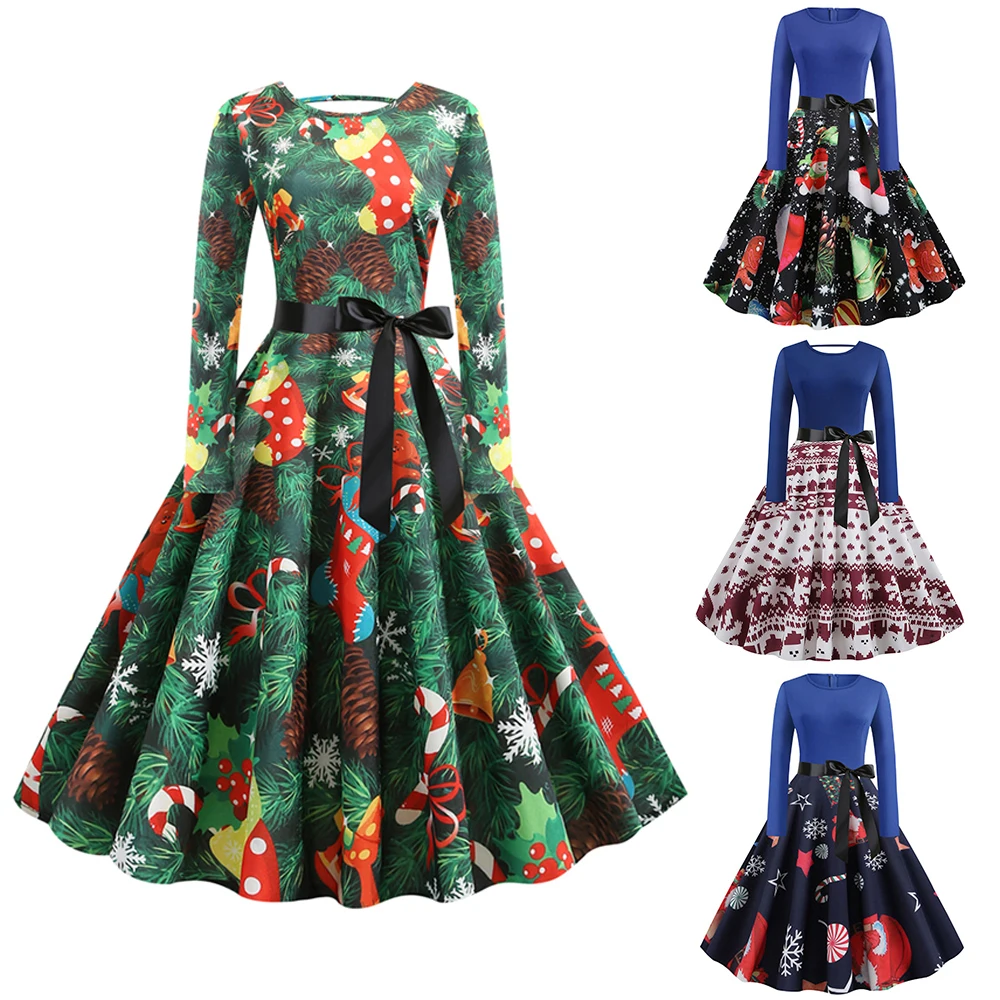 

Women Autumn Winter Christmas Dress Vintage Print Waist Tie Up Big Swing Evening Party Robe Plus Size 5XL Patchwork Vestidos
