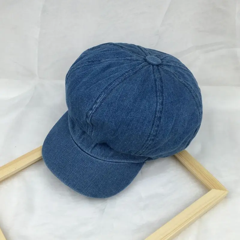 Classic 8-Panel Octagonal Newsboy Painter Cabbie Vintage Washed Denim Blue Beret Cap Adjustable Flat Sun Visor Hat