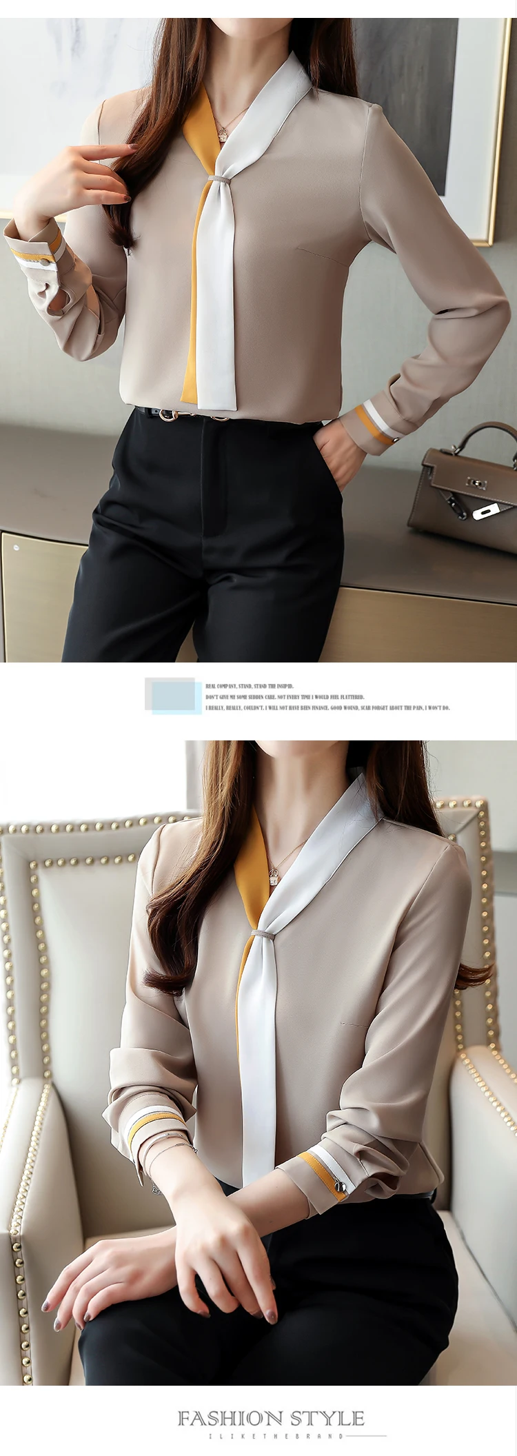 بلوزات شيفون نسائية كلاسيكية بأكمام طويلة ورقبة على شكل حرف V ، بلوزات فضفاضة ، ملابس غير رسمية ، أحادية اللون ، أنيقة ، مكتب ، خريف