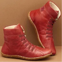 Женская прогулочная обувь; ботильоны из искусственной кожи; женские Винтажные ботинки в стиле панк с перекрестными ремешками; женская обувь на плоской подошве; botas mujer