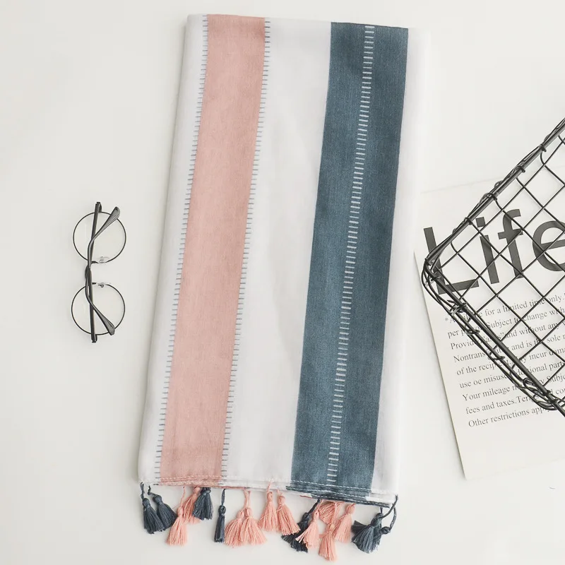 Japanese Korean version of small fresh cotton and linen scarves size stripes color matching decorative sunscreen shawls |
